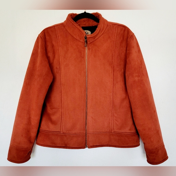 County Clothing Co Canada Faux Suede Sherpa Jacket Full Zip Terracotta Large - Picture 15 of 16